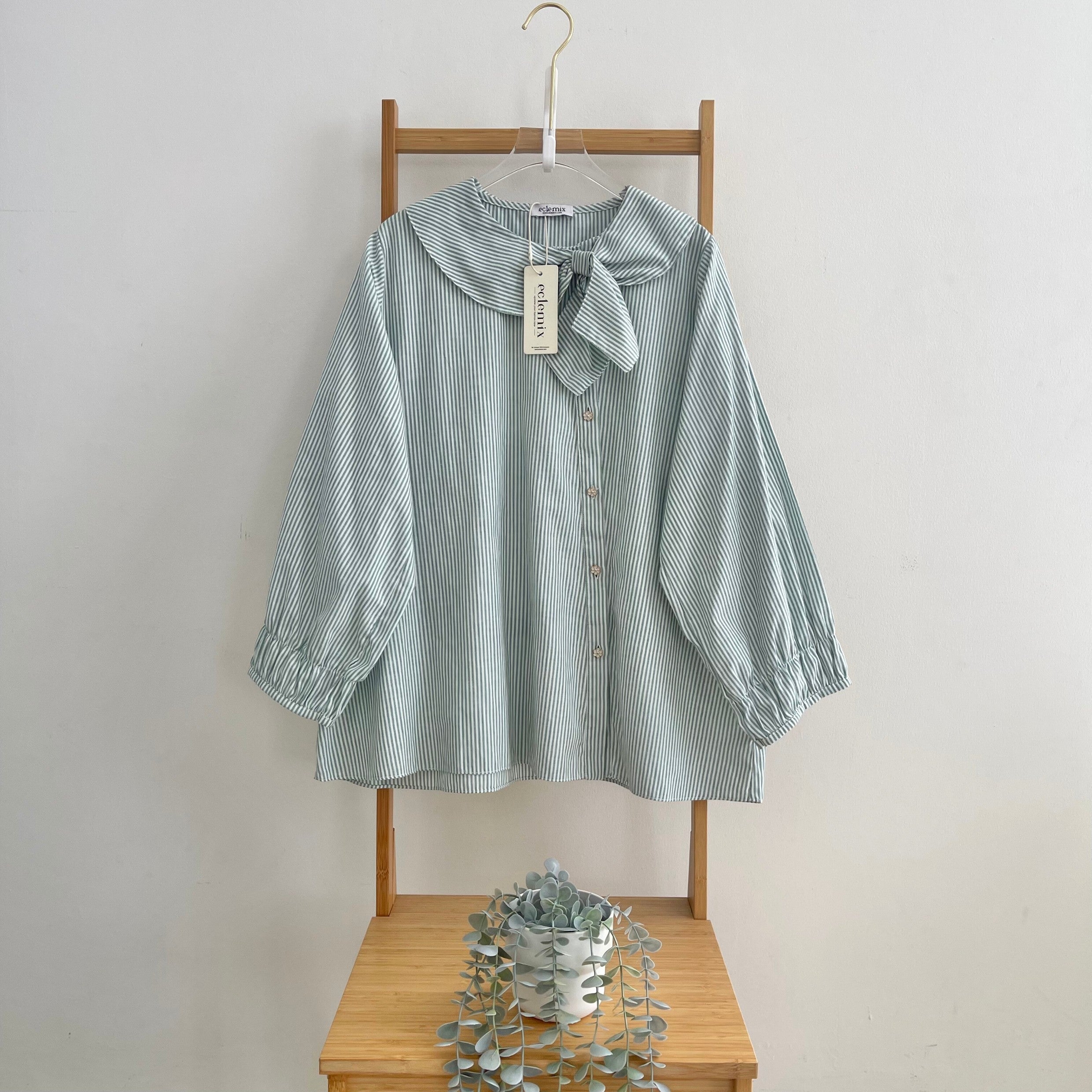 Image of Eclemix Top Kirumi | Atasan Wanita Kemeja Motif Stripes Kerah Pita